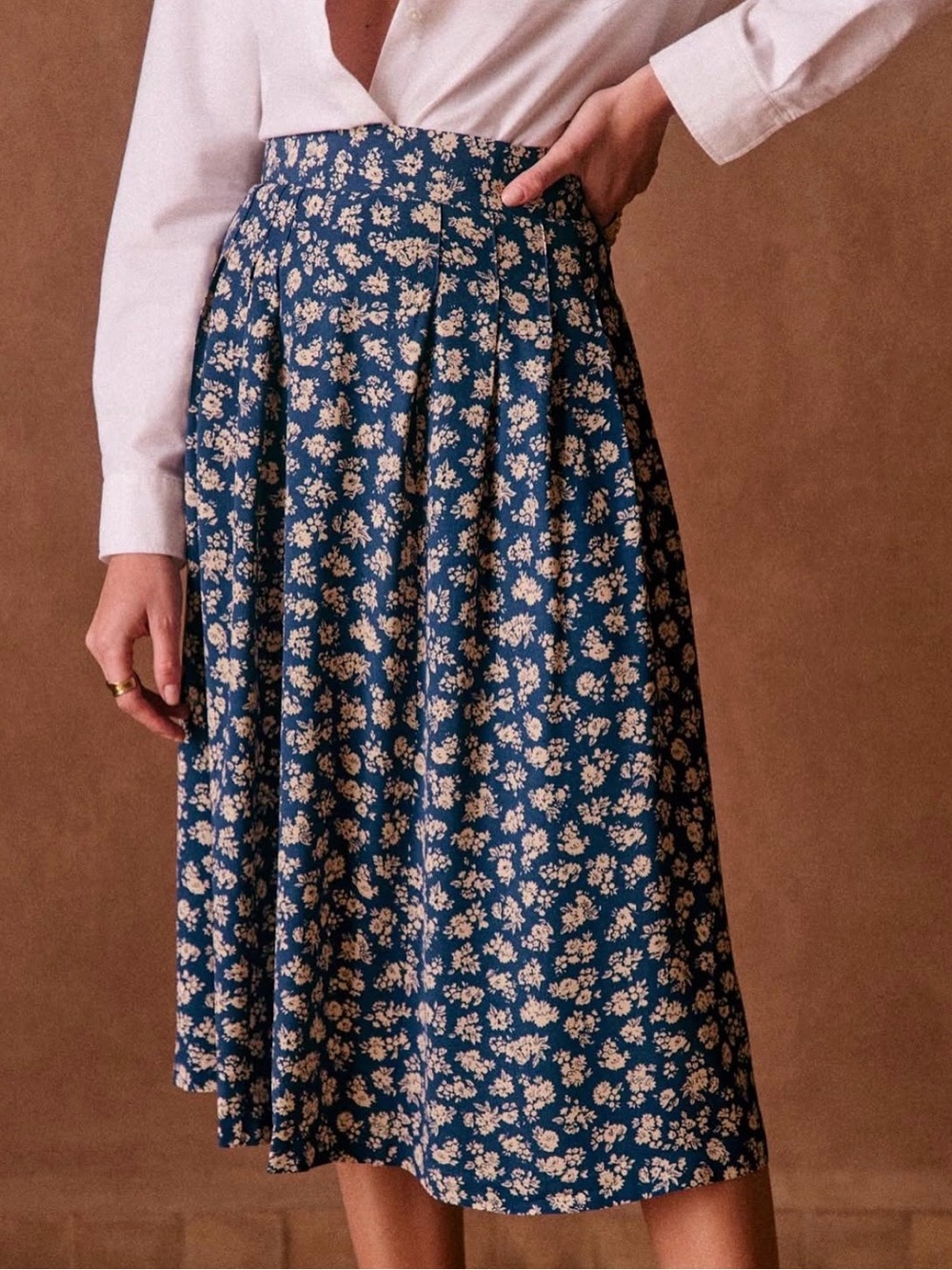 Sezane - Cara Midi Skirt in Blue and Cream